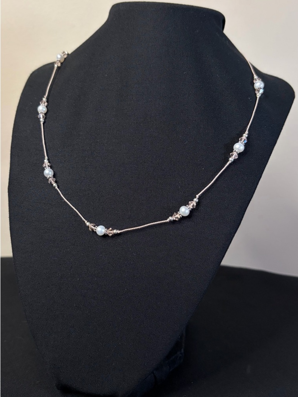 Freshwater pearl, crystal and sterling silver pink cord necklace. - Picture 12 of 12